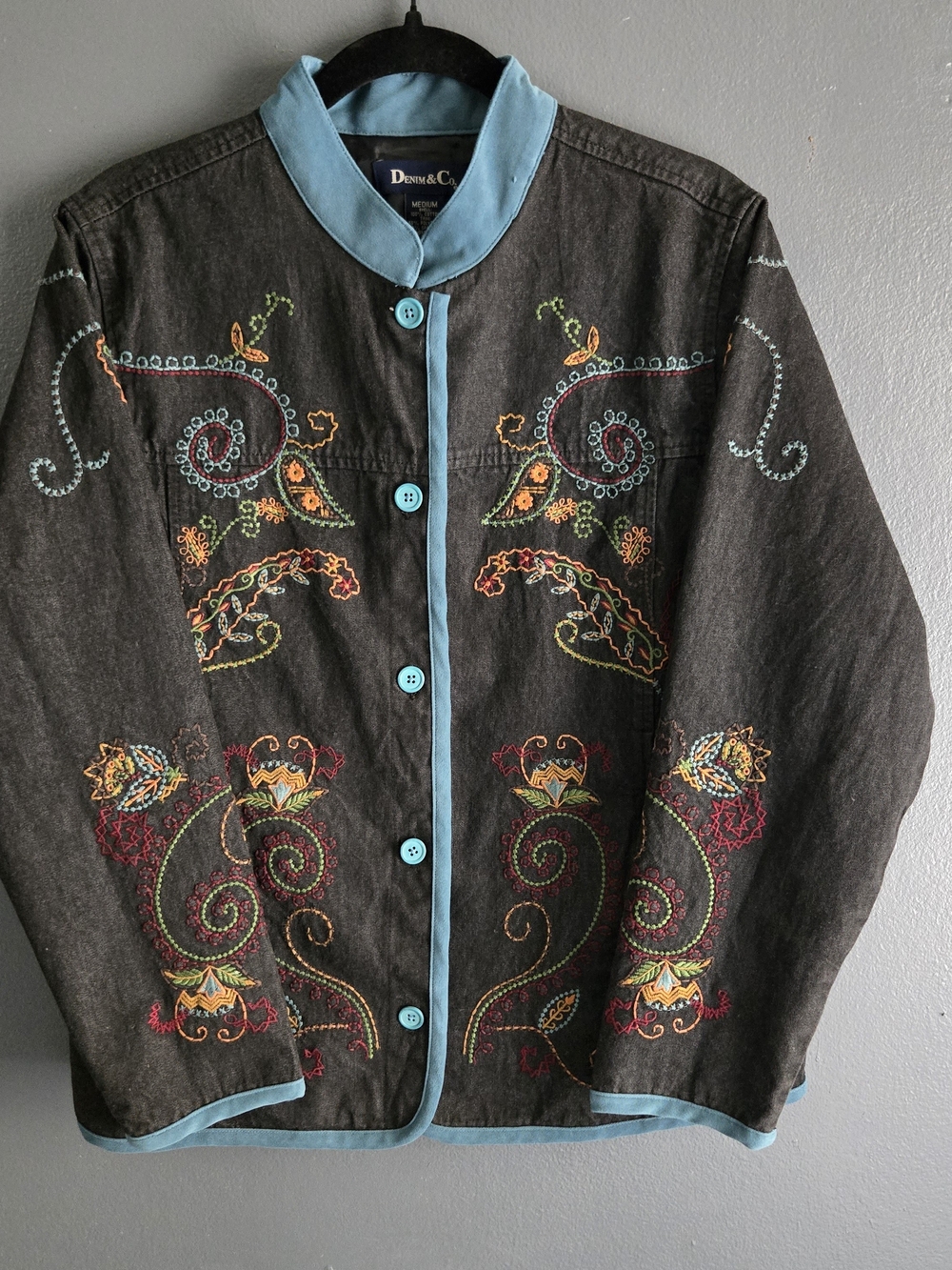 Denim&Co Vtg Embroidered Cotton Black Western Boho Whimsigoth Jean Jacket Medium - Picture 4 of 7